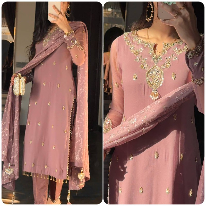 Premium Heavy Faux Georgette Top, Pant & Dupatta Set – Sequins Embroidery