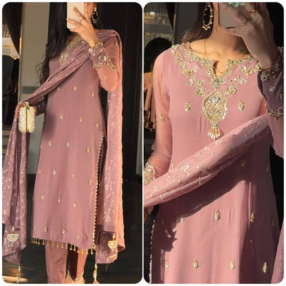 Premium Heavy Faux Georgette Top, Pant & Dupatta Set – Sequins Embroidery