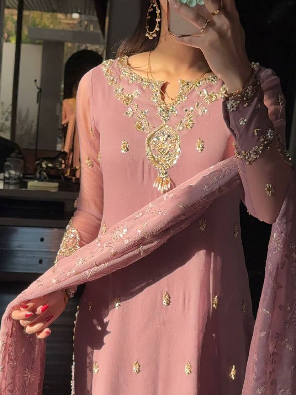 Premium Heavy Faux Georgette Top, Pant & Dupatta Set – Sequins Embroidery