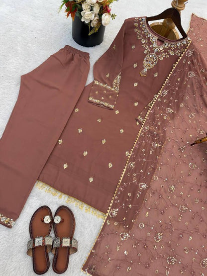Premium Heavy Faux Georgette Top, Pant & Dupatta Set – Sequins Embroidery