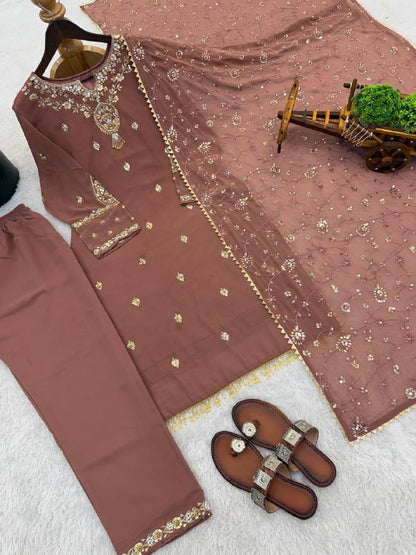 Premium Heavy Faux Georgette Top, Pant & Dupatta Set – Sequins Embroidery