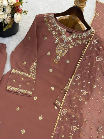 Premium Heavy Faux Georgette Top, Pant & Dupatta Set – Sequins Embroidery