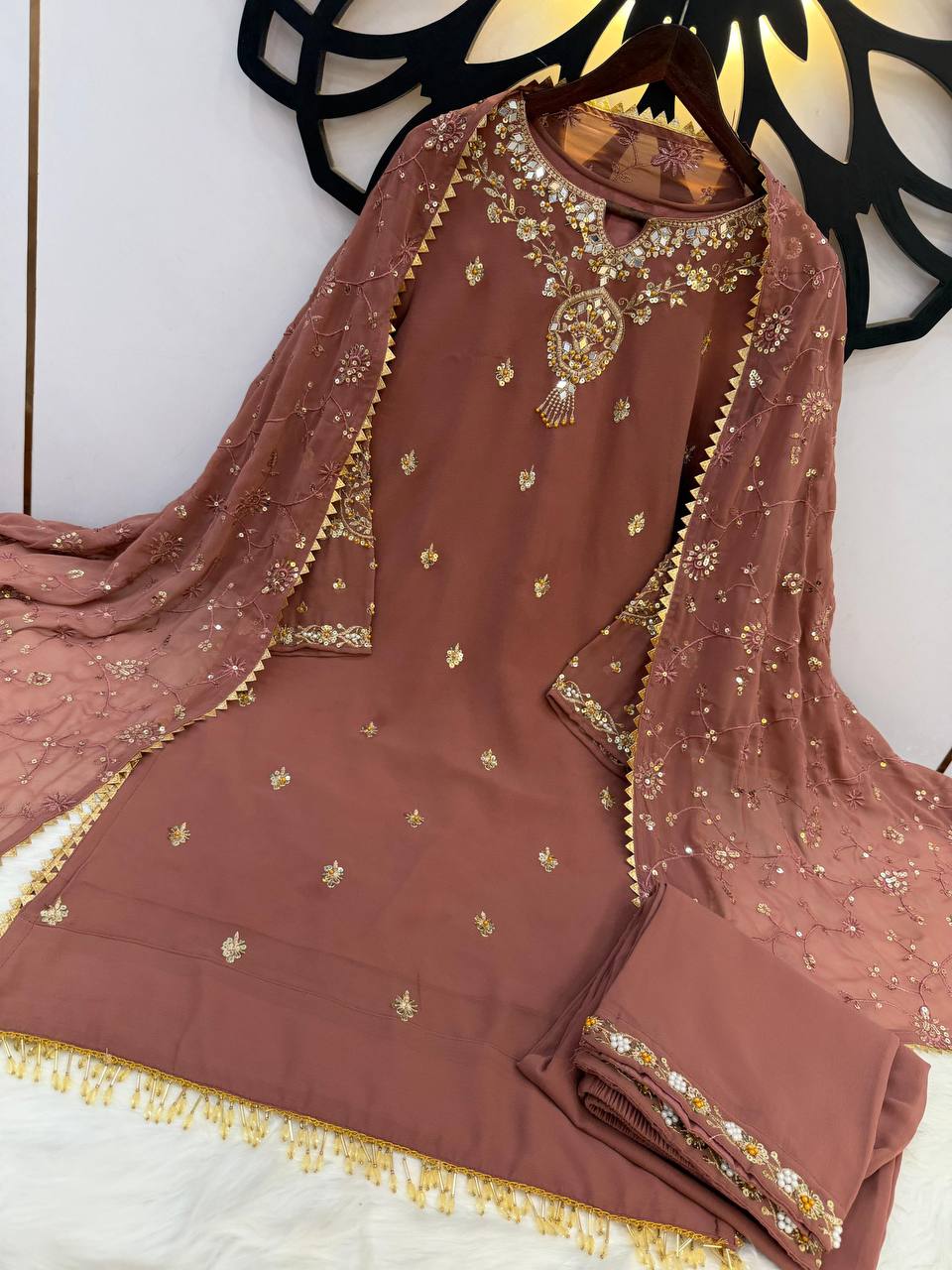 Premium Heavy Faux Georgette Top, Pant & Dupatta Set – Sequins Embroidery