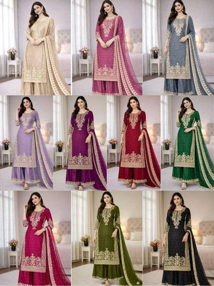 Premium GMY Silk Top, Plazzo & Dupatta Set – Heavy Embroidery