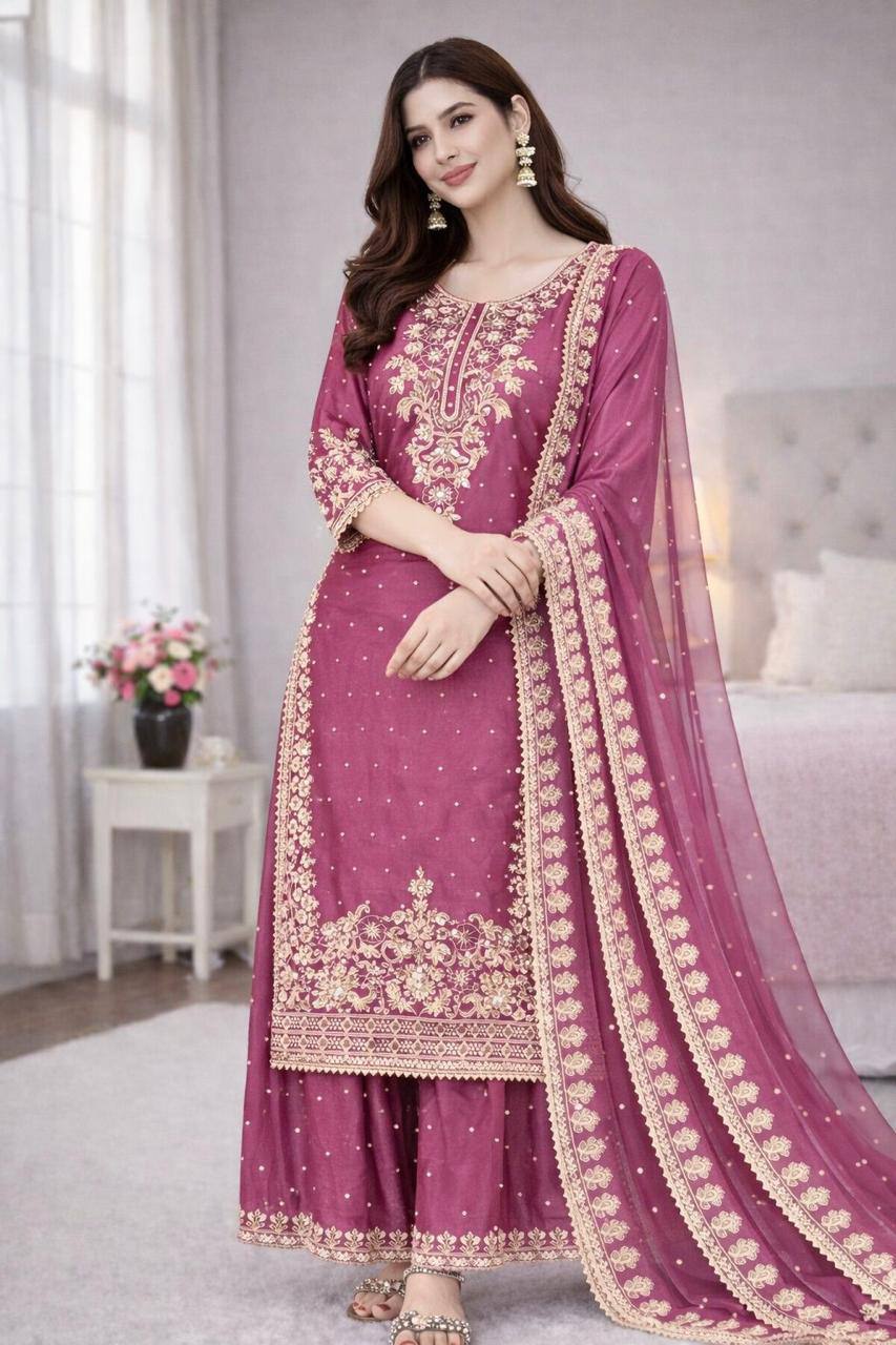Premium GMY Silk Top, Plazzo & Dupatta Set – Heavy Embroidery