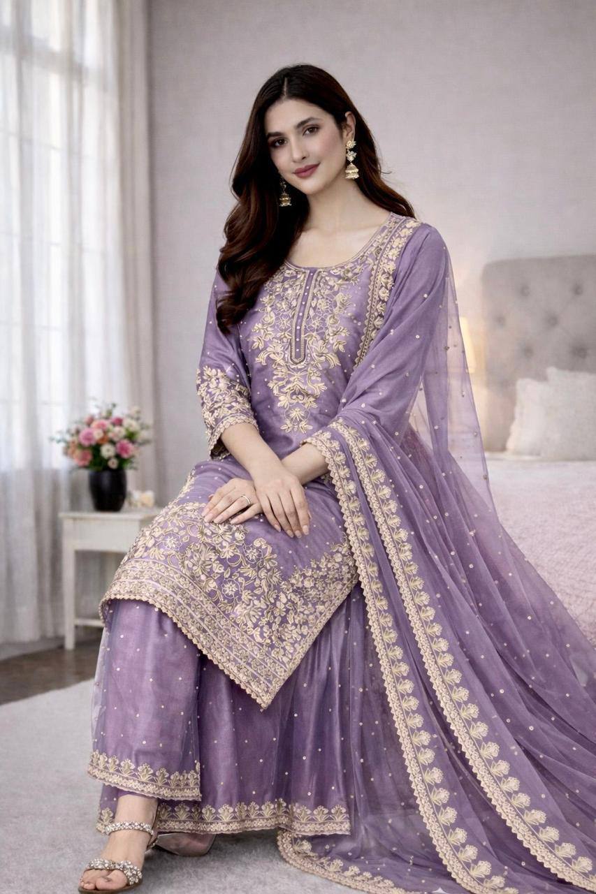 Premium GMY Silk Top, Plazzo & Dupatta Set – Heavy Embroidery