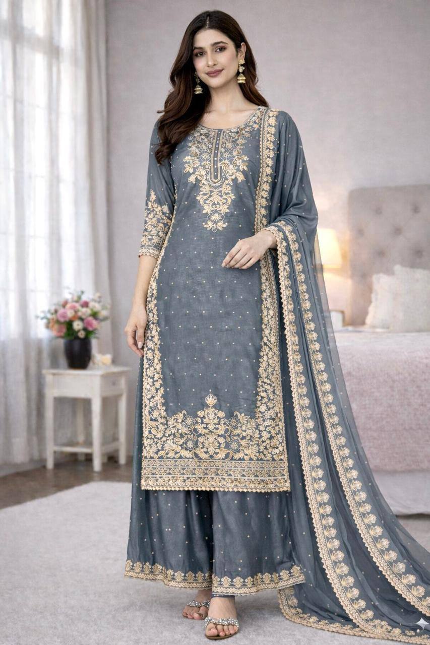 Premium GMY Silk Top, Plazzo & Dupatta Set – Heavy Embroidery