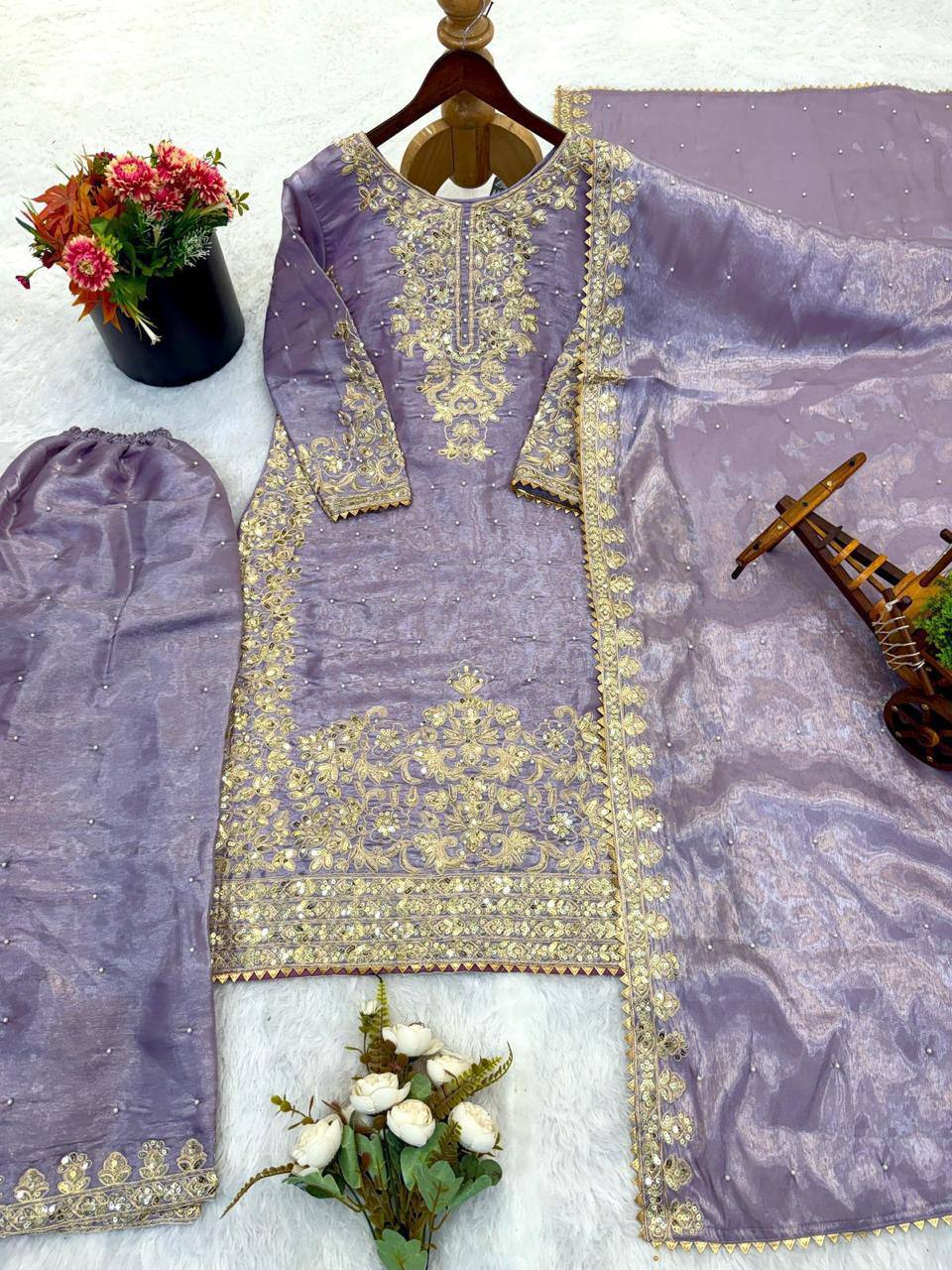 Premium GMY Silk Top, Plazzo & Dupatta Set – Heavy Embroidery
