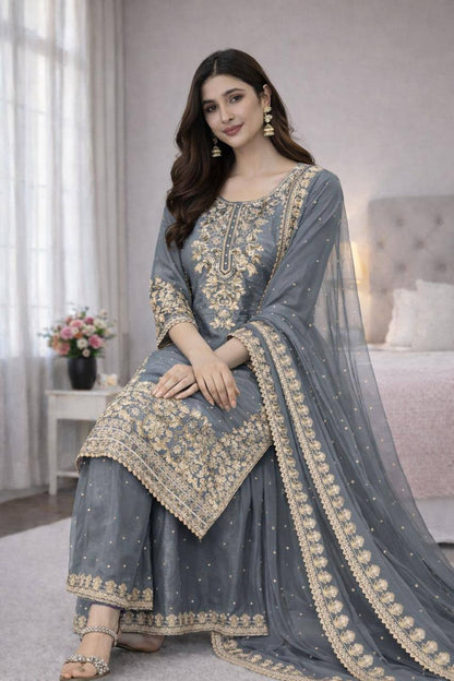 Premium GMY Silk Top, Plazzo & Dupatta Set – Heavy Embroidery