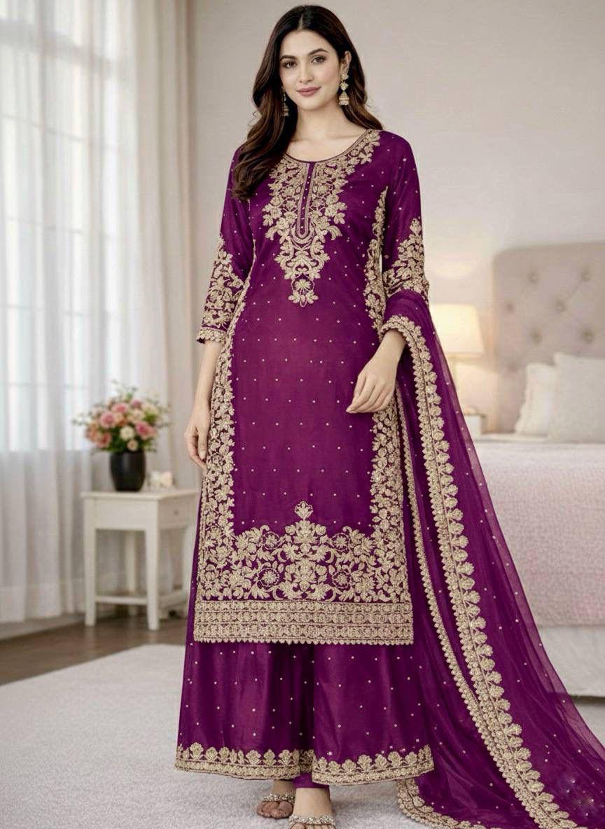 Premium GMY Silk Top, Plazzo & Dupatta Set – Heavy Embroidery