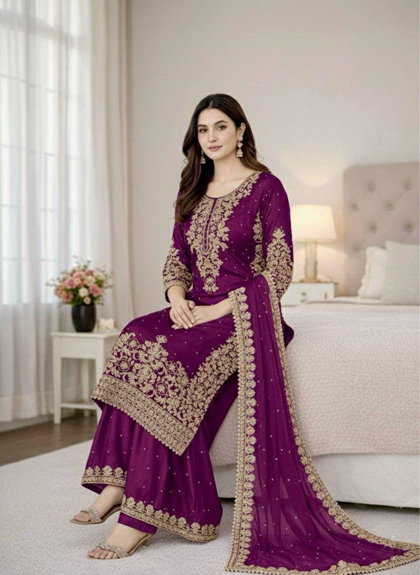 Premium GMY Silk Top, Plazzo & Dupatta Set – Heavy Embroidery