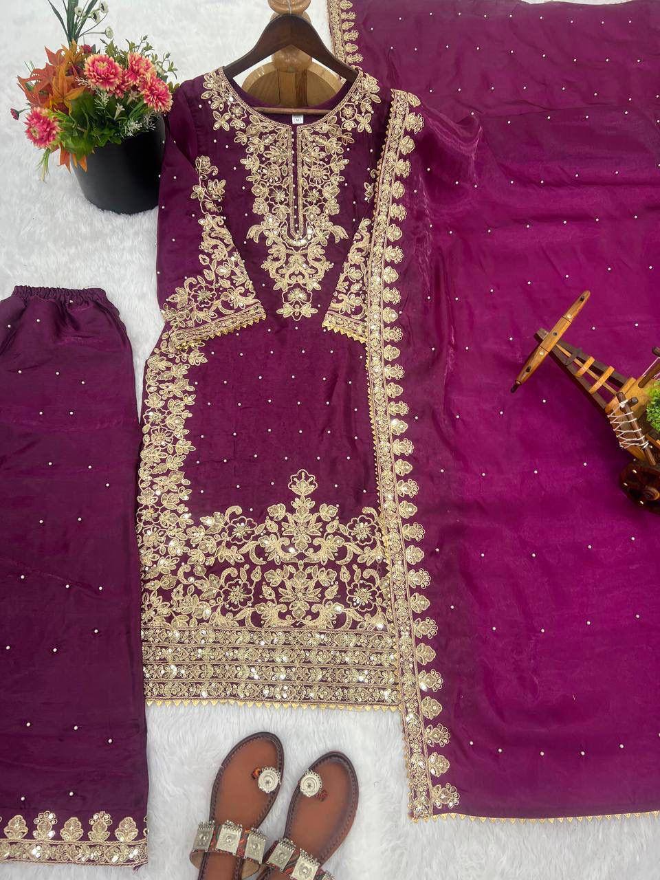 Premium GMY Silk Top, Plazzo & Dupatta Set – Heavy Embroidery