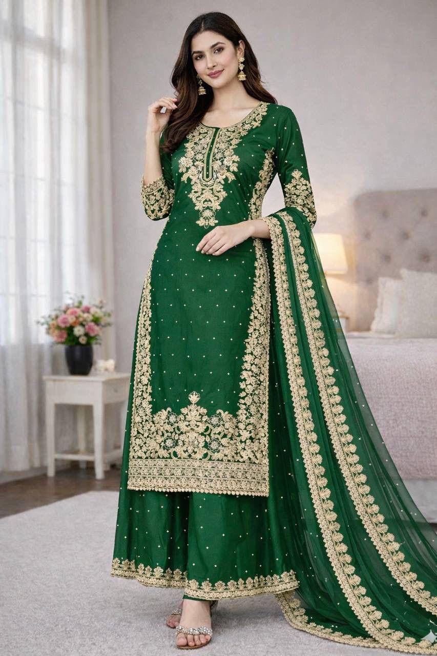 Premium GMY Silk Top, Plazzo & Dupatta Set – Heavy Embroidery