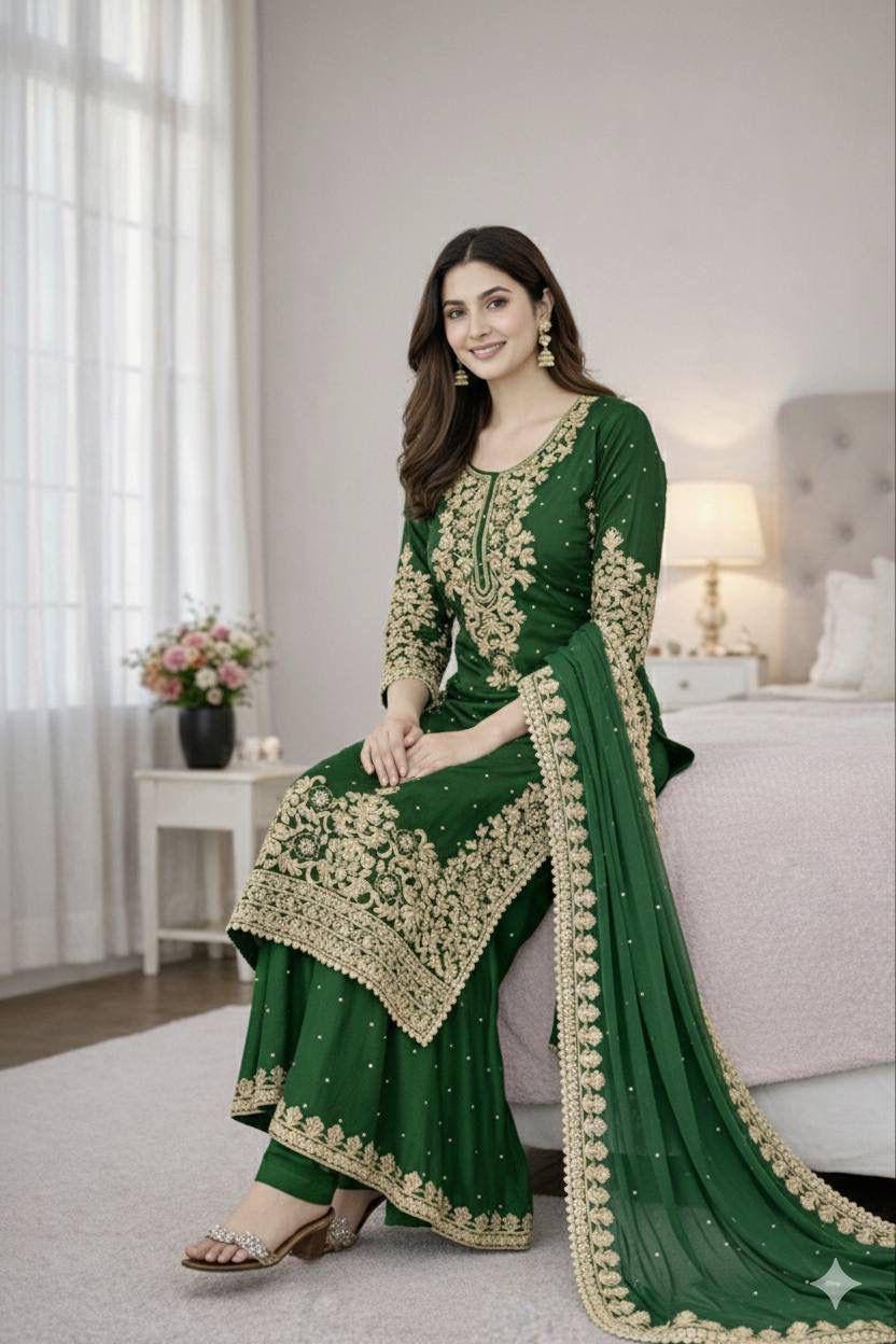 Premium GMY Silk Top, Plazzo & Dupatta Set – Heavy Embroidery