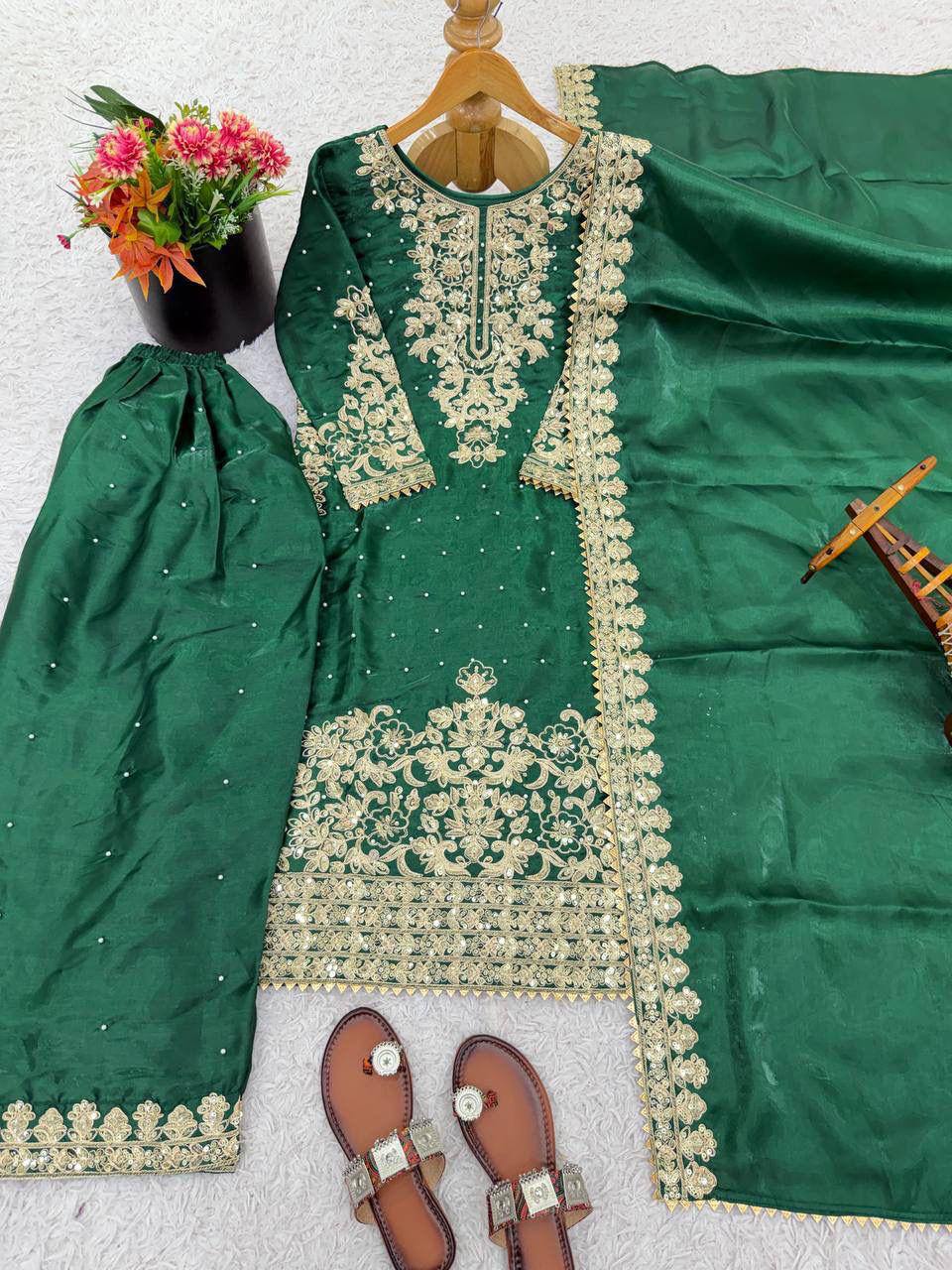 Premium GMY Silk Top, Plazzo & Dupatta Set – Heavy Embroidery