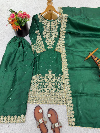 Premium GMY Silk Top, Plazzo & Dupatta Set – Heavy Embroidery