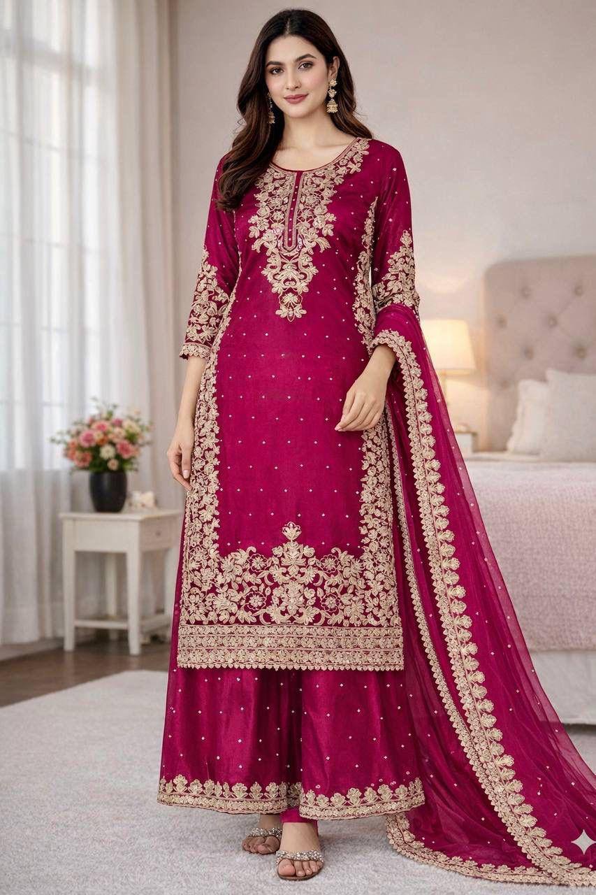 Premium GMY Silk Top, Plazzo & Dupatta Set – Heavy Embroidery