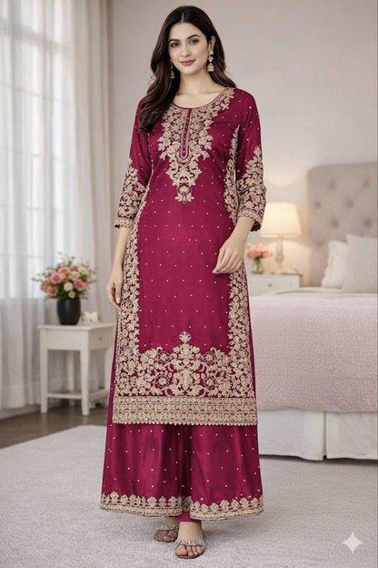 Premium GMY Silk Top, Plazzo & Dupatta Set – Heavy Embroidery