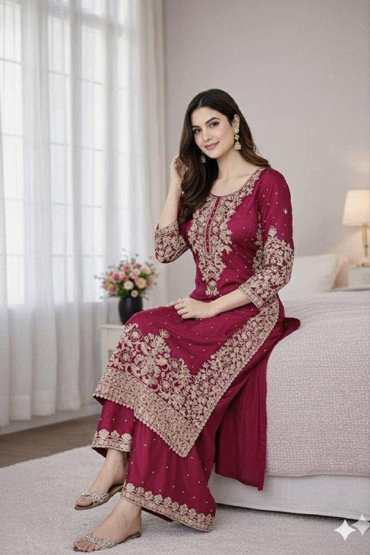 Premium GMY Silk Top, Plazzo & Dupatta Set – Heavy Embroidery