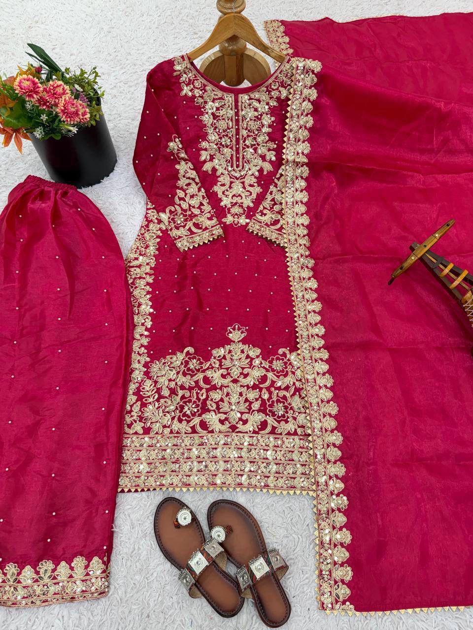 Premium GMY Silk Top, Plazzo & Dupatta Set – Heavy Embroidery