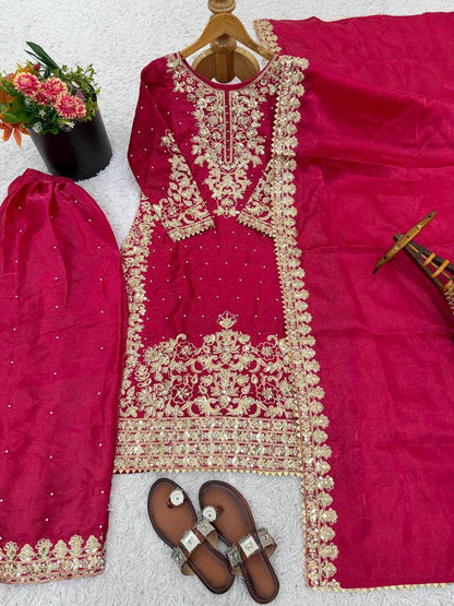 Premium GMY Silk Top, Plazzo & Dupatta Set – Heavy Embroidery