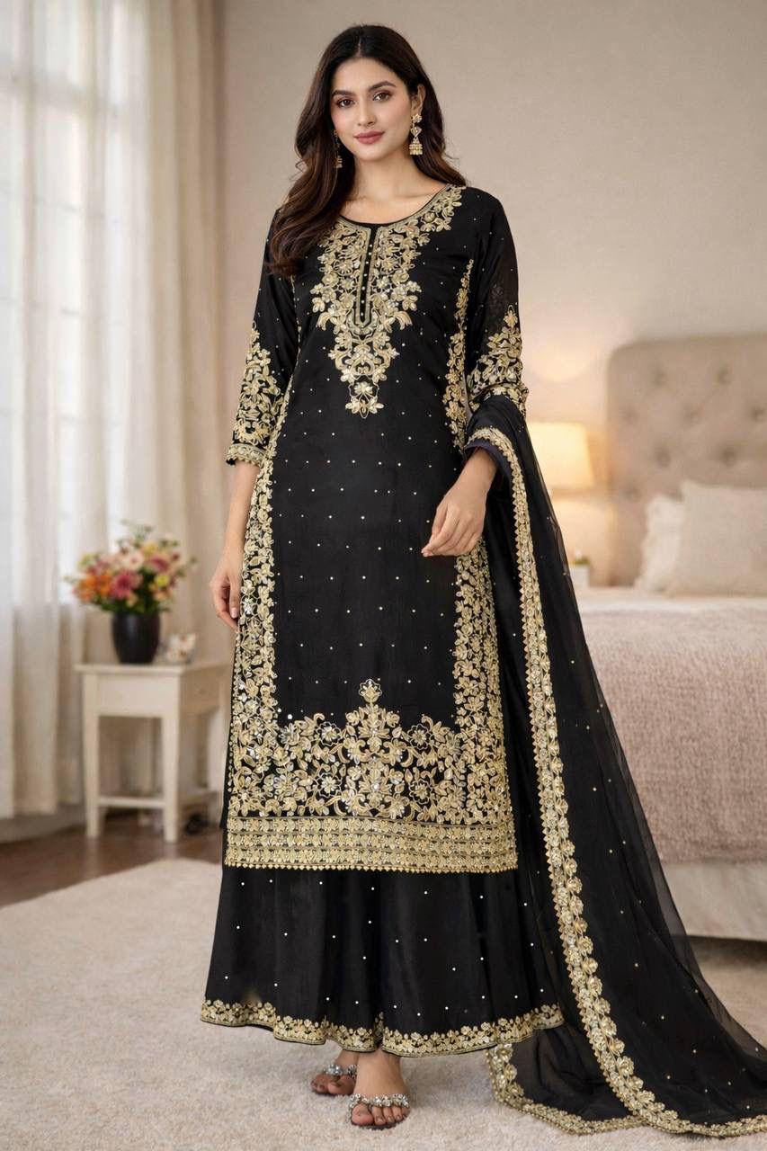 Premium GMY Silk Top, Plazzo & Dupatta Set – Heavy Embroidery