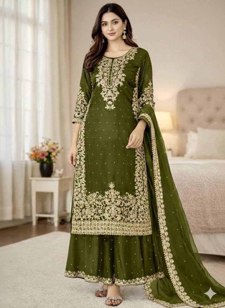 Premium GMY Silk Top, Plazzo & Dupatta Set – Heavy Embroidery
