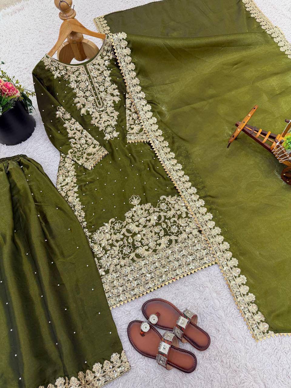 Premium GMY Silk Top, Plazzo & Dupatta Set – Heavy Embroidery