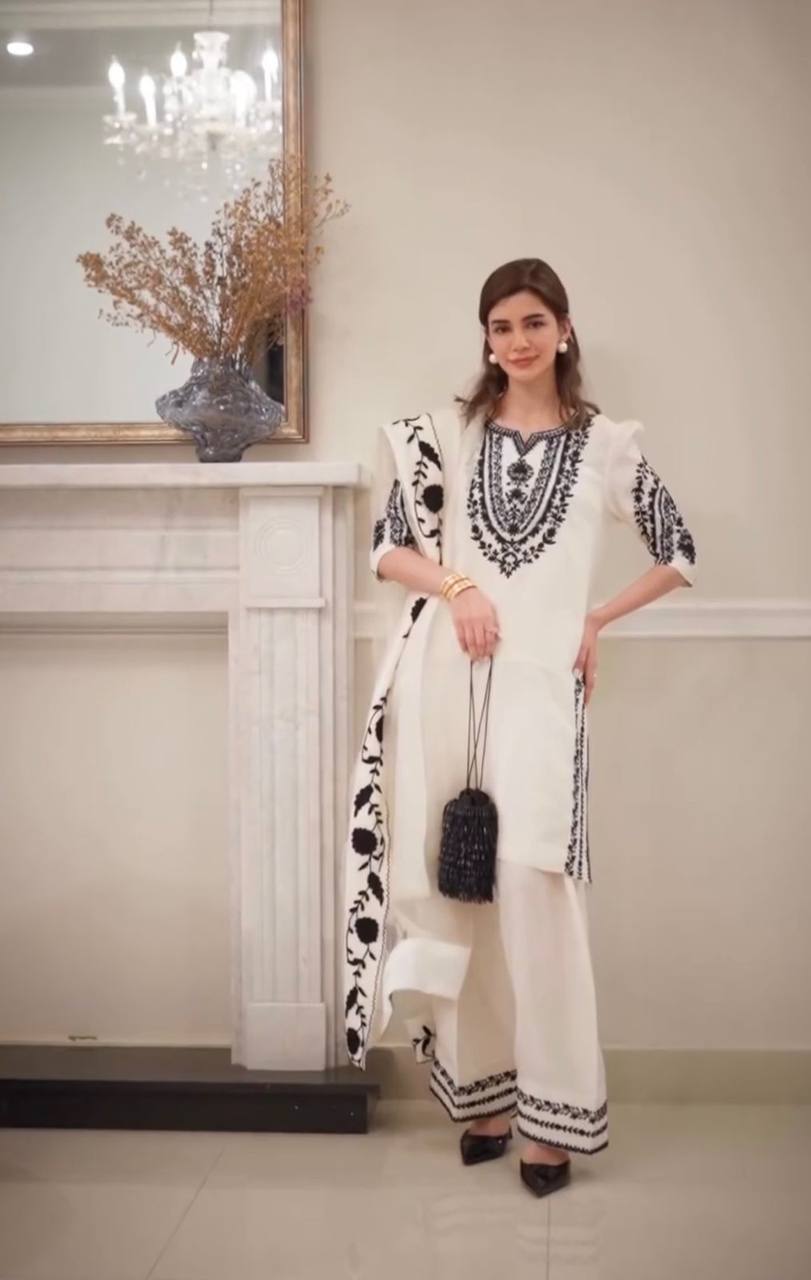 Premium Natural Crepe Top, Farshi Plazzo & Dupatta Set – Embroidery Work