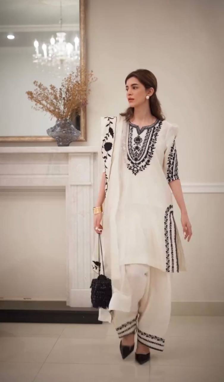 Premium Natural Crepe Top, Farshi Plazzo & Dupatta Set – Embroidery Work