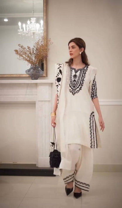 Premium Natural Crepe Top, Farshi Plazzo & Dupatta Set – Embroidery Work