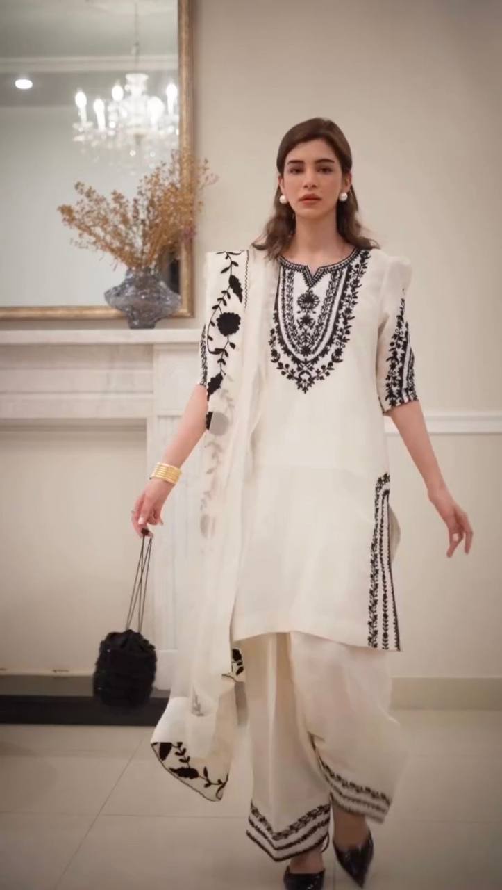 Premium Natural Crepe Top, Farshi Plazzo & Dupatta Set – Embroidery Work