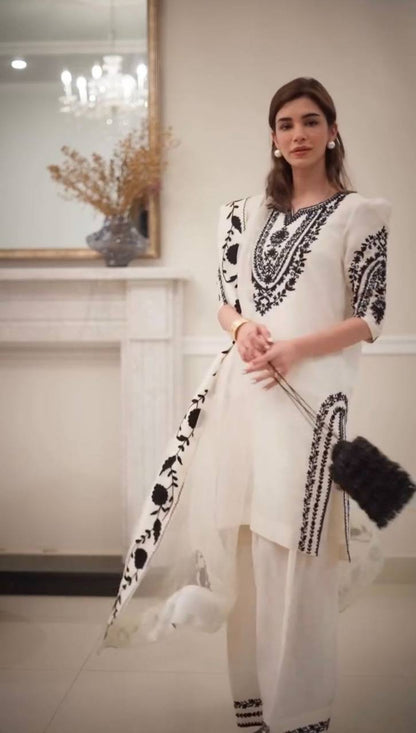Premium Natural Crepe Top, Farshi Plazzo & Dupatta Set – Embroidery Work