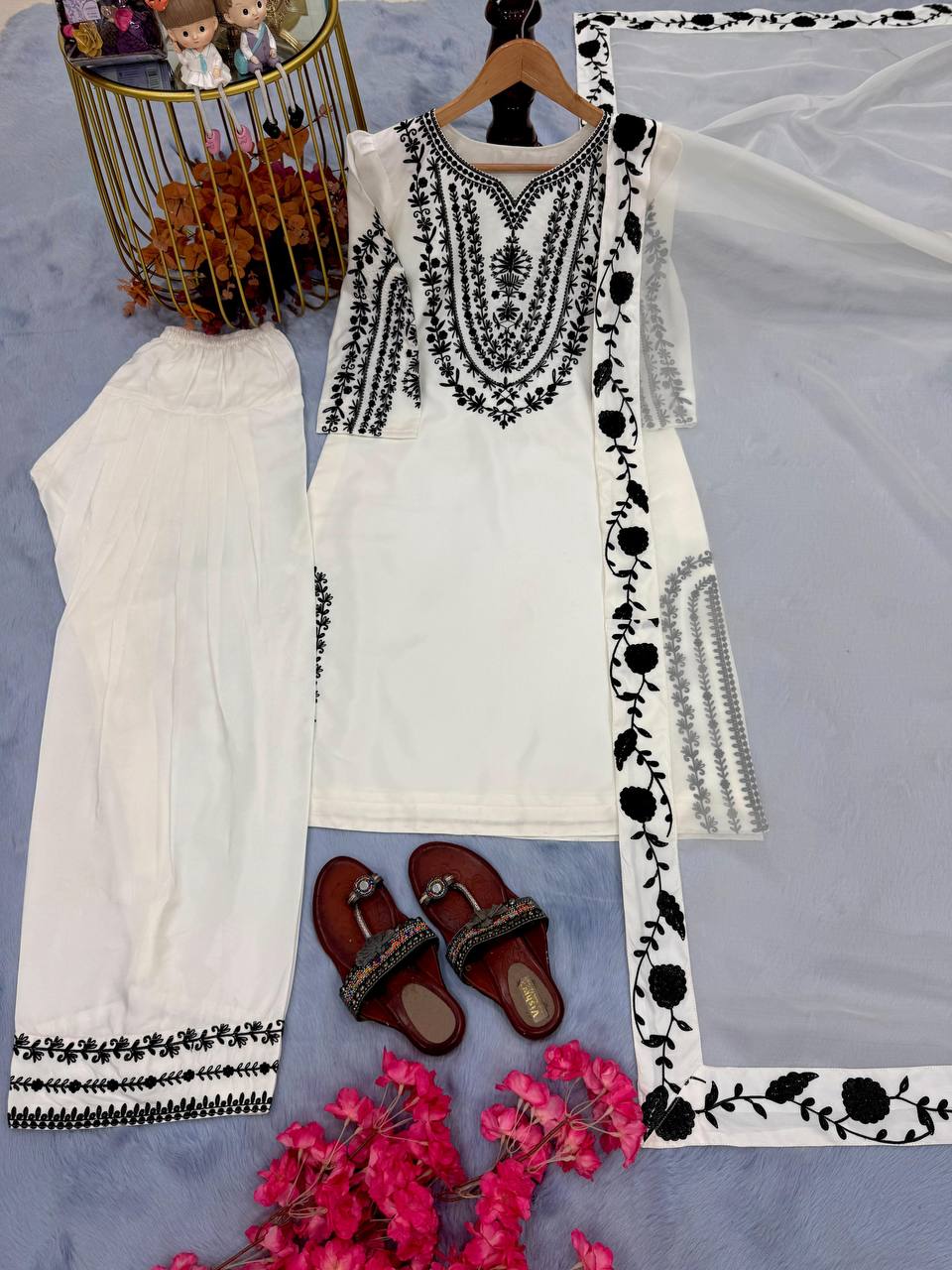 Premium Natural Crepe Top, Farshi Plazzo & Dupatta Set – Embroidery Work