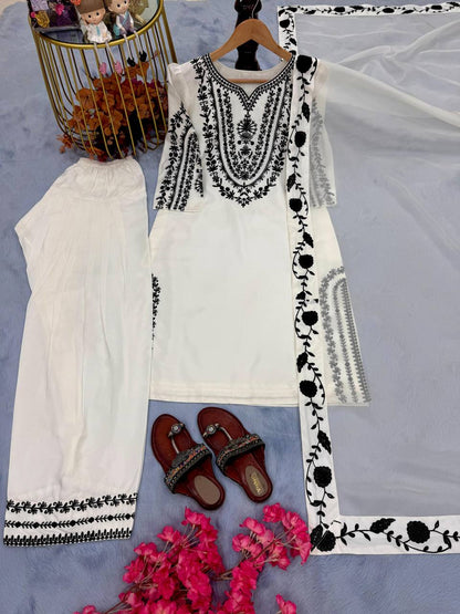 Premium Natural Crepe Top, Farshi Plazzo & Dupatta Set – Embroidery Work