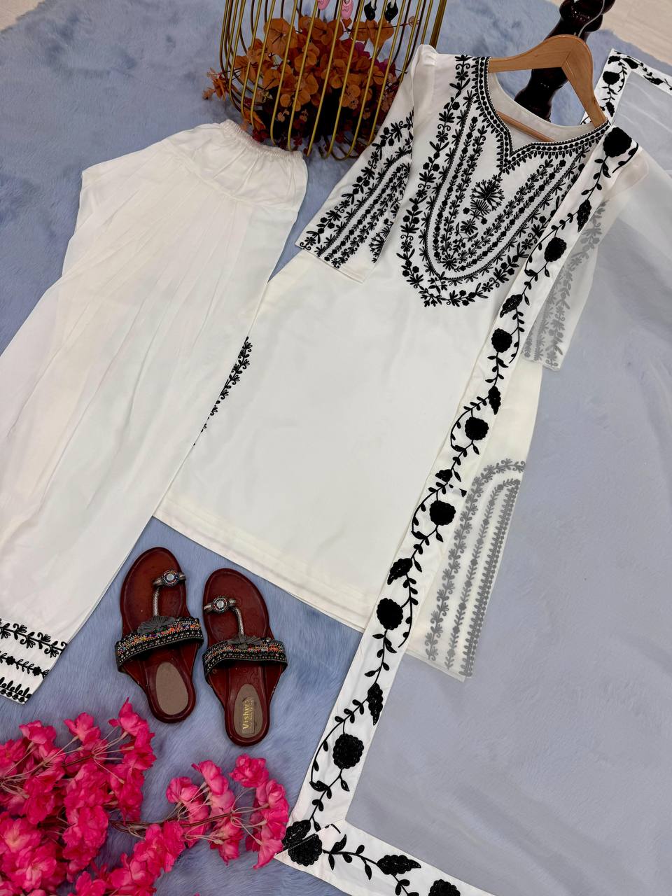 Premium Natural Crepe Top, Farshi Plazzo & Dupatta Set – Embroidery Work
