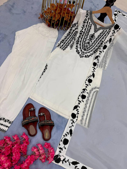 Premium Natural Crepe Top, Farshi Plazzo & Dupatta Set – Embroidery Work