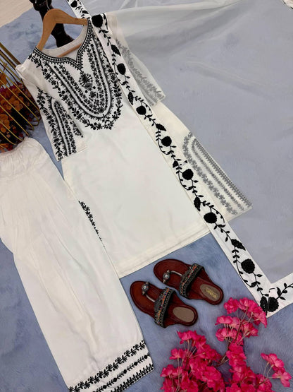 Premium Natural Crepe Top, Farshi Plazzo & Dupatta Set – Embroidery Work