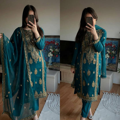 Premium Heavy Chinon Silk Top, Pant & Dupatta Set – Embroidery