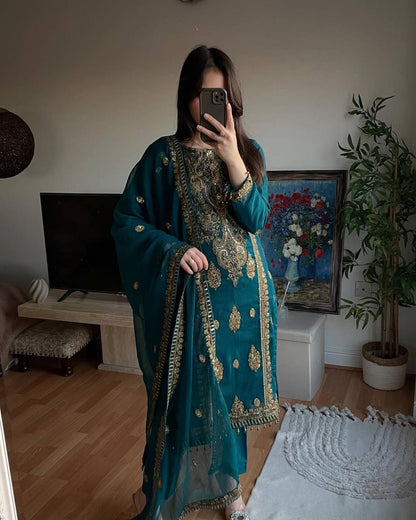 Premium Heavy Chinon Silk Top, Pant & Dupatta Set – Embroidery
