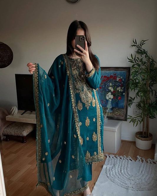 Premium Heavy Chinon Silk Top, Pant & Dupatta Set – Embroidery