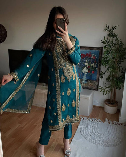 Premium Heavy Chinon Silk Top, Pant & Dupatta Set – Embroidery
