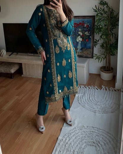 Premium Heavy Chinon Silk Top, Pant & Dupatta Set – Embroidery