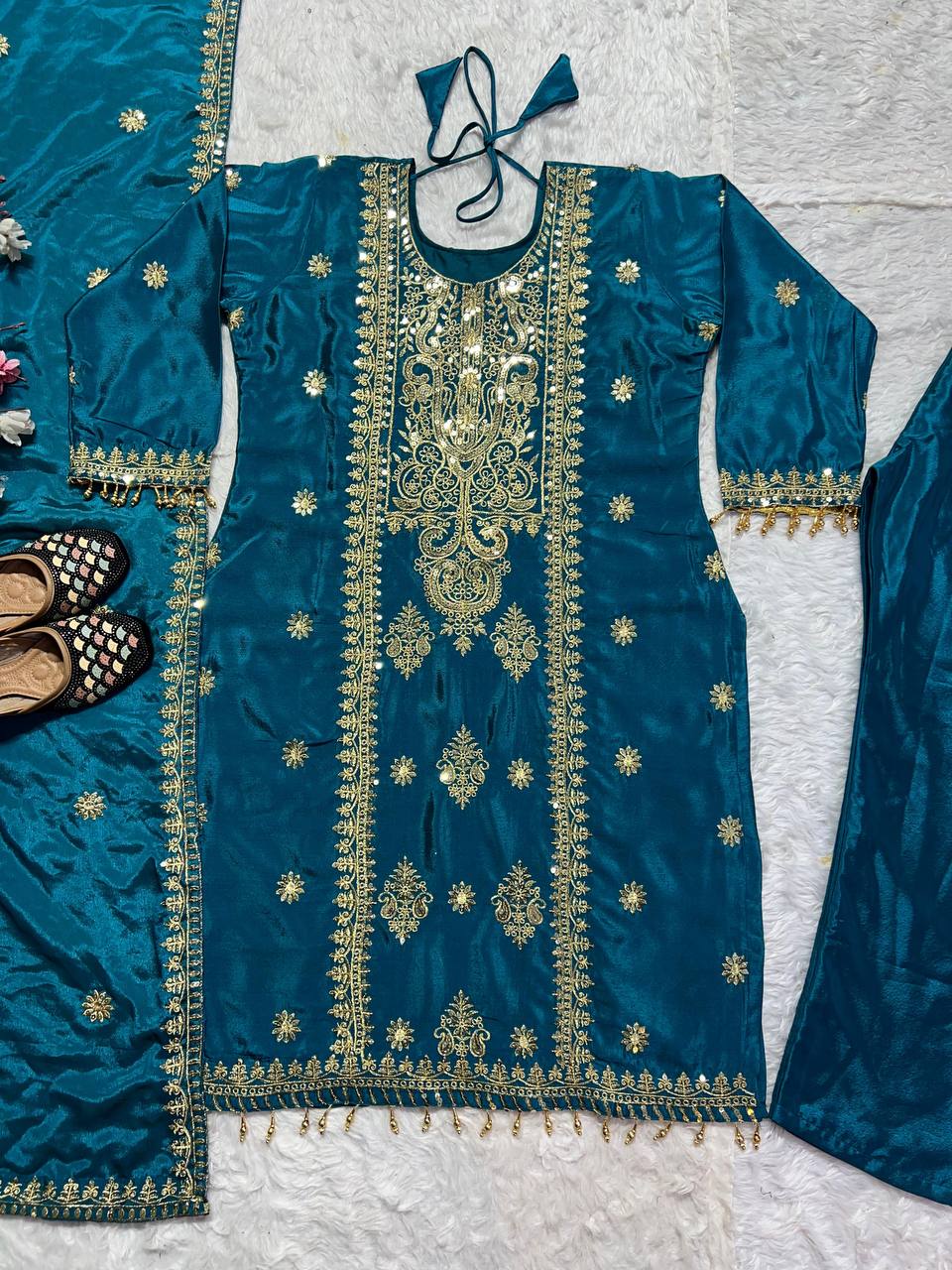 Premium Heavy Chinon Silk Top, Pant & Dupatta Set – Embroidery