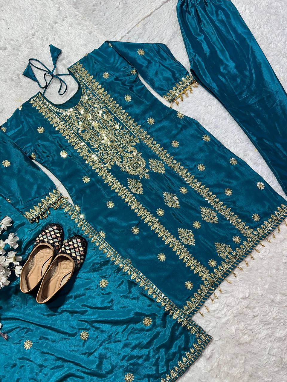 Premium Heavy Chinon Silk Top, Pant & Dupatta Set – Embroidery