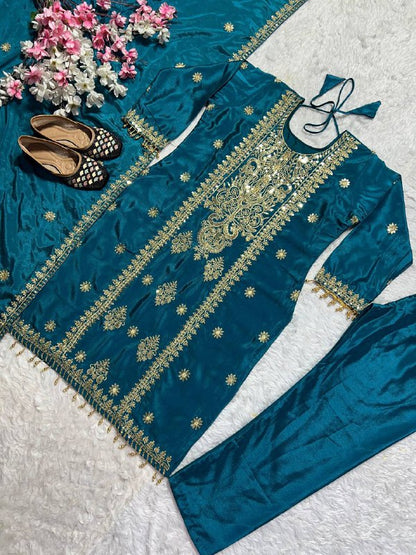 Premium Heavy Chinon Silk Top, Pant & Dupatta Set – Embroidery