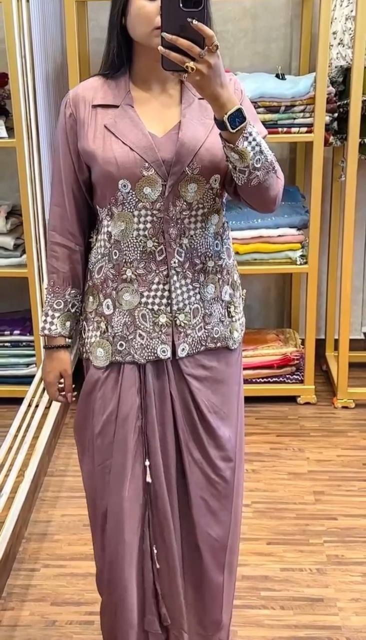 Premium Heavy Crepe Satin Koti with Lehenga & Blouse – Embroidery Work