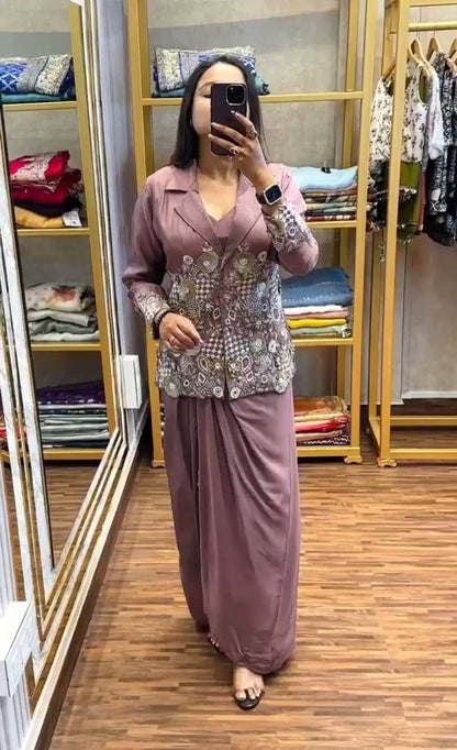 Premium Heavy Crepe Satin Koti with Lehenga & Blouse – Embroidery Work