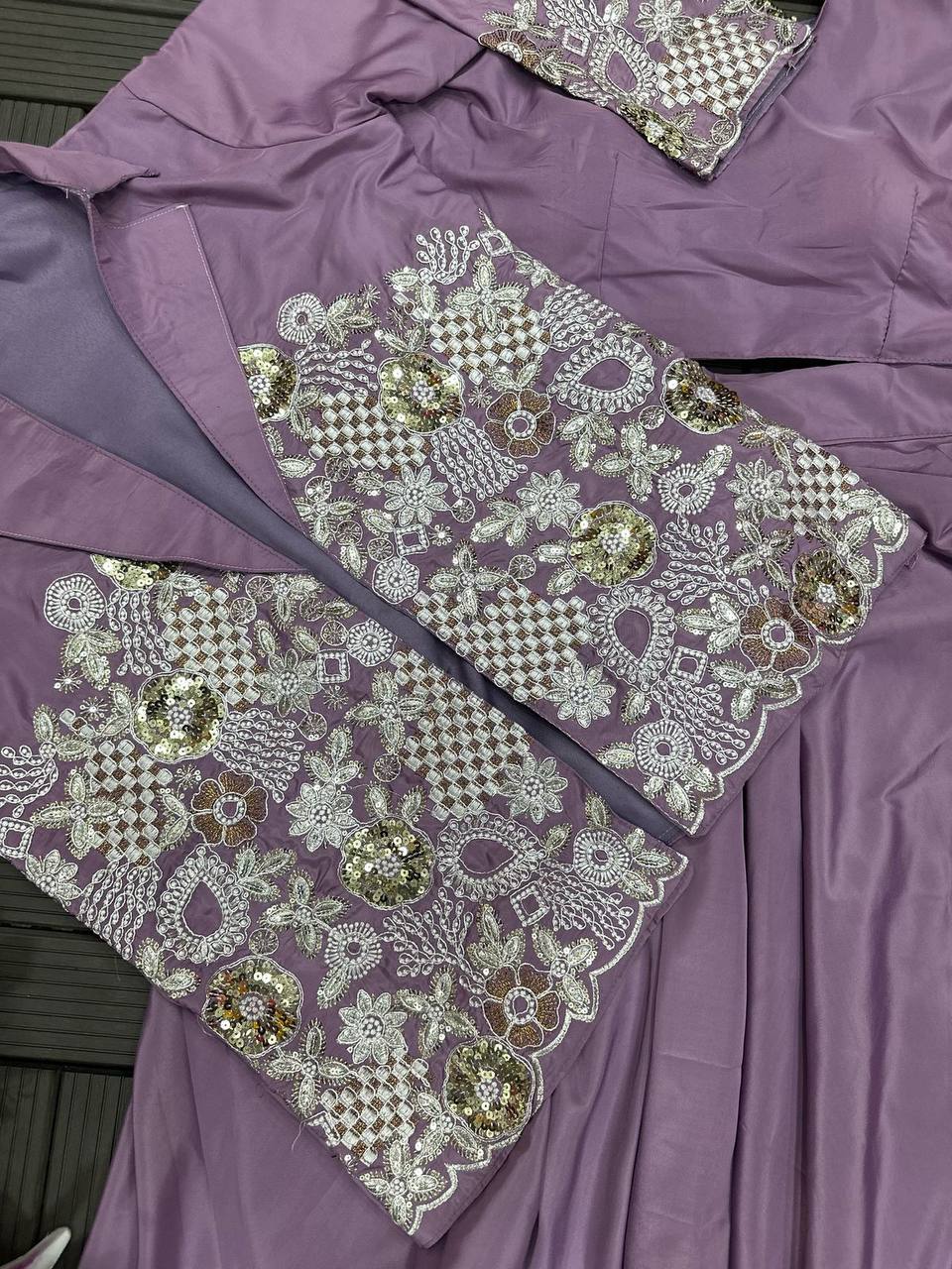 Premium Heavy Crepe Satin Koti with Lehenga & Blouse – Embroidery Work