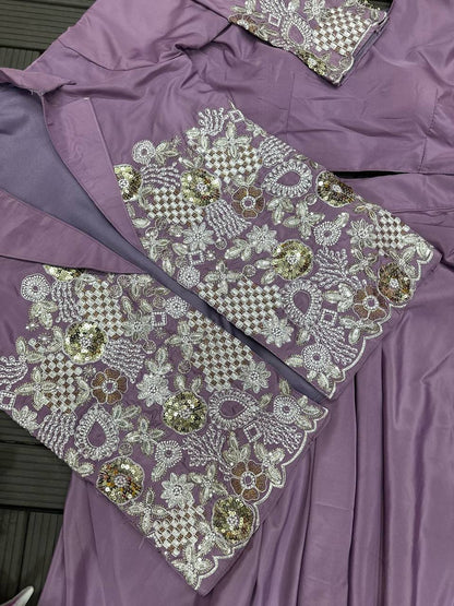 Premium Heavy Crepe Satin Koti with Lehenga & Blouse – Embroidery Work